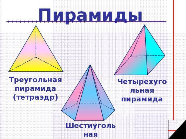 Пирамиды - треугольные, четырехугольные, шестиугольные